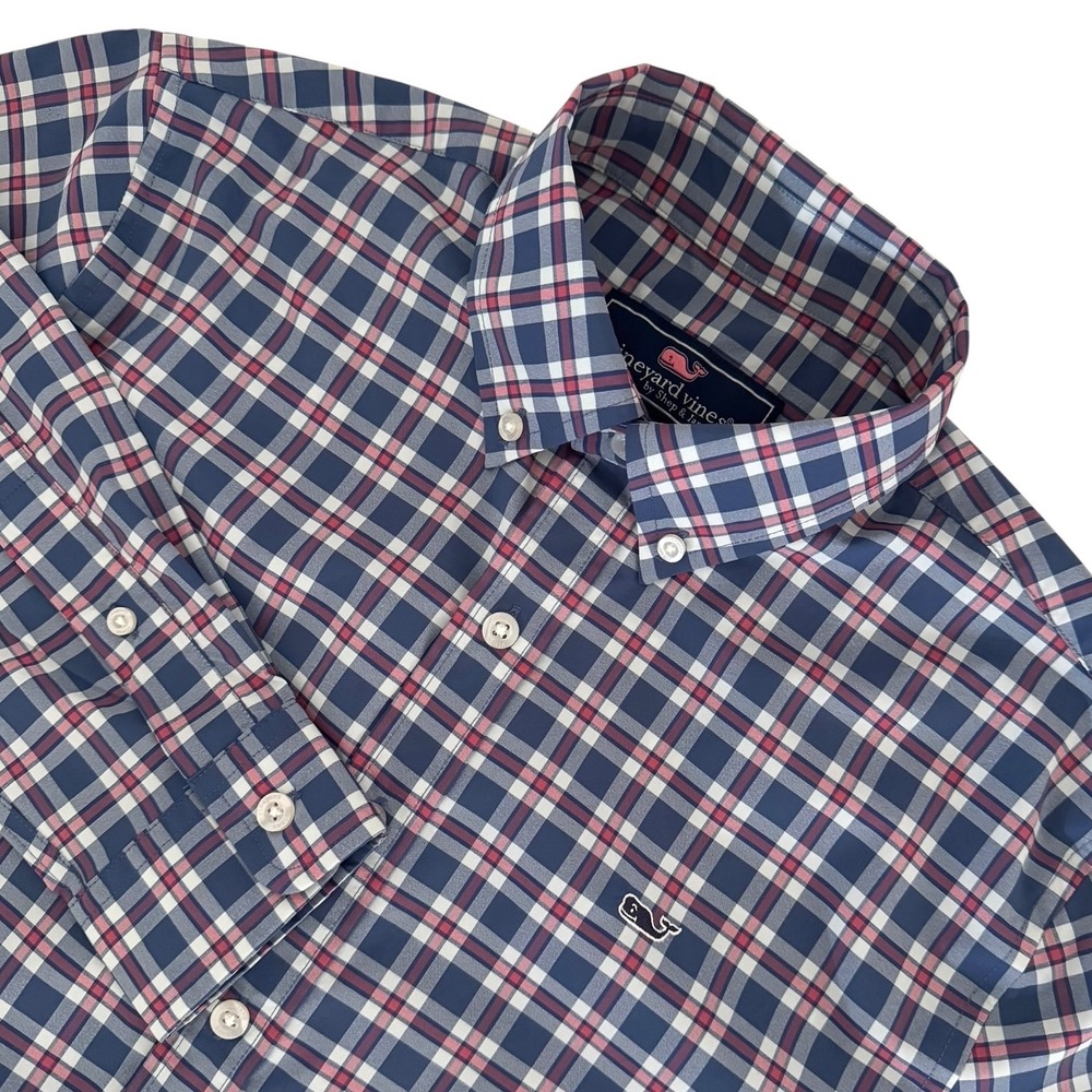 Vineyard Vines Boys Large Navy Blue Plaid Button Down Shirt‎ Long Sleeve Whale